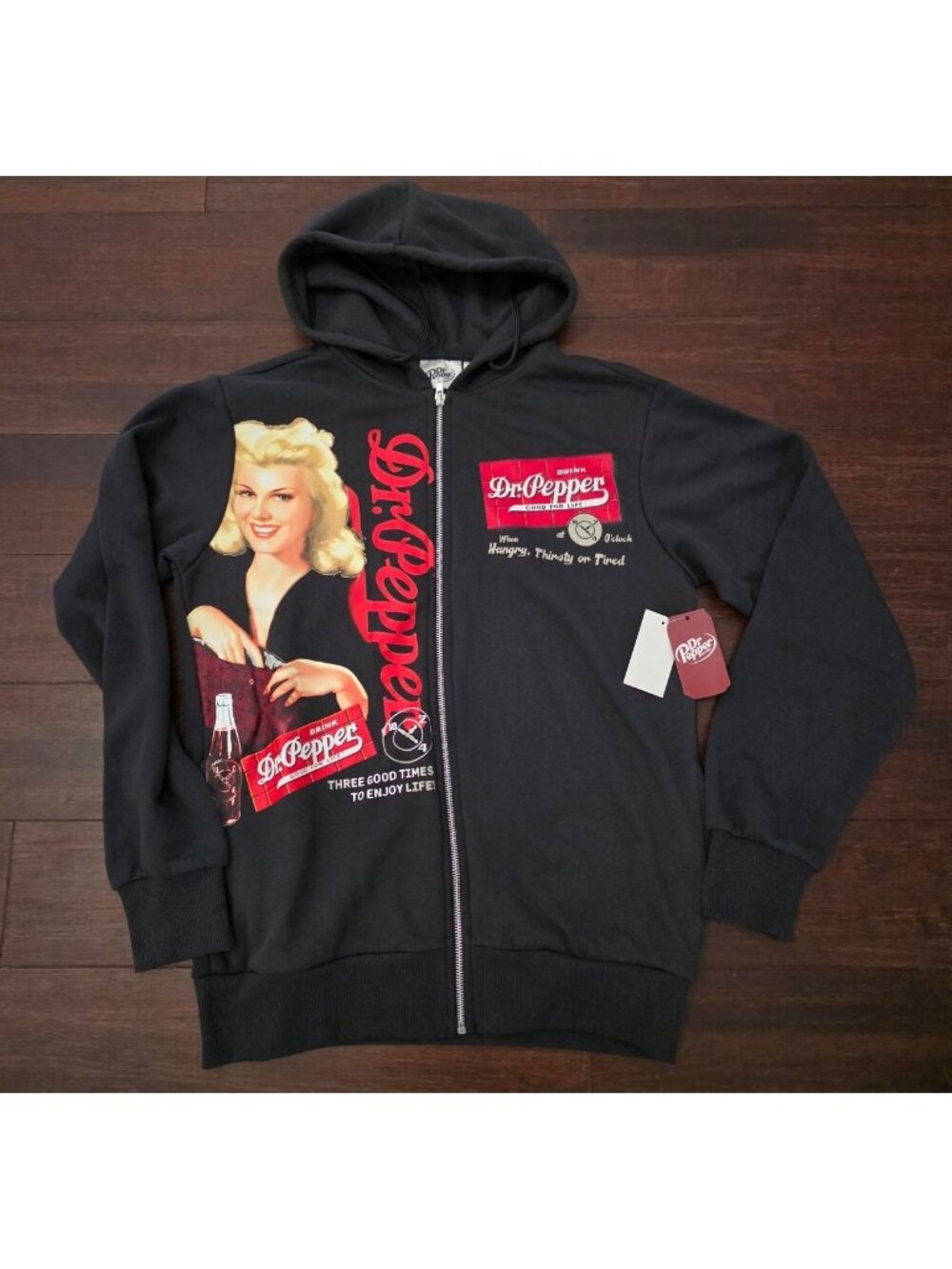 Dr Pepper Women's Small Black Zip Up Hoodie Retro Graphic Sweater NWT